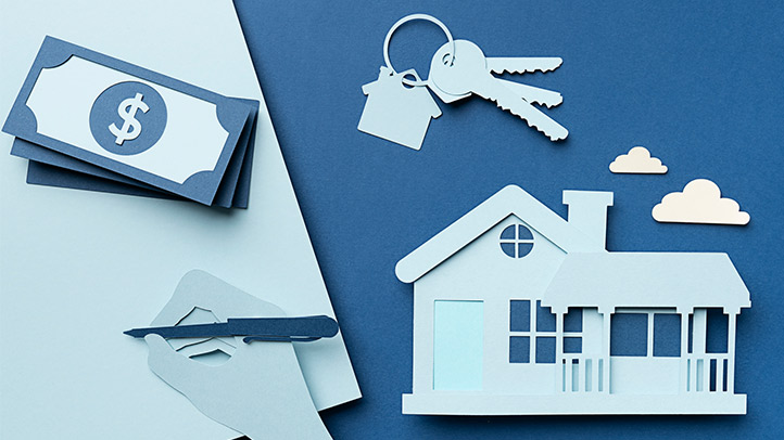 Graphic of money, keys and a house