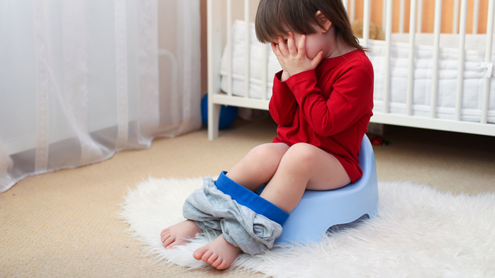 potty training problems, little toddler on the potty with hands in face looking upset
